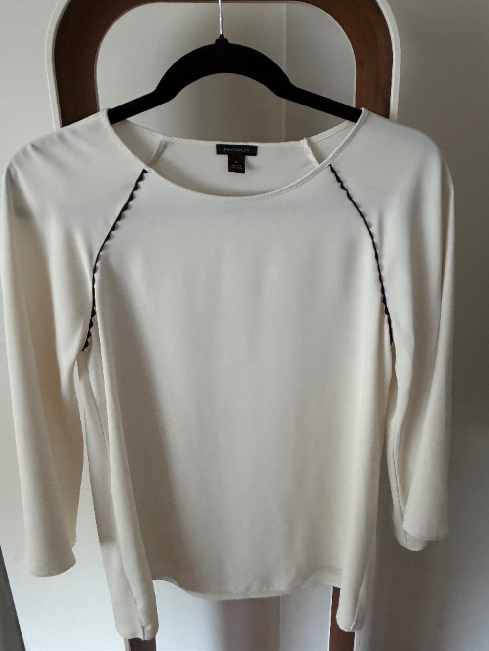 Ann Taylor Ivory Blouse with Black Scalloped Trim | XS